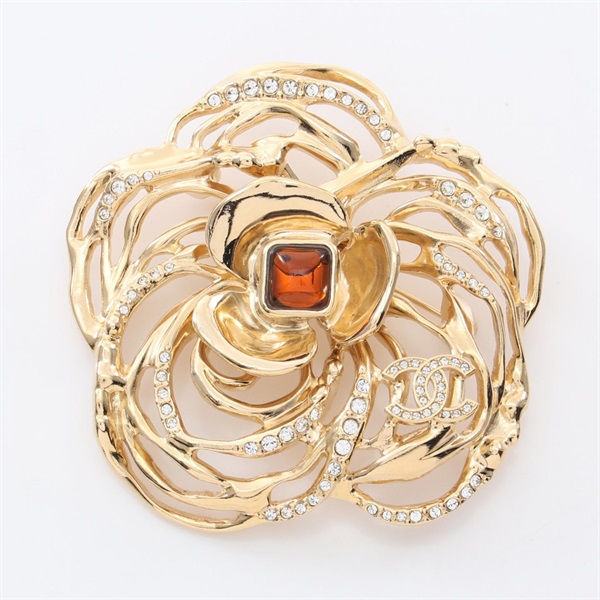 CHANEL Camelia Brooch Gold Plated Rhinestones Bijoux Gold Brown Used Women CC