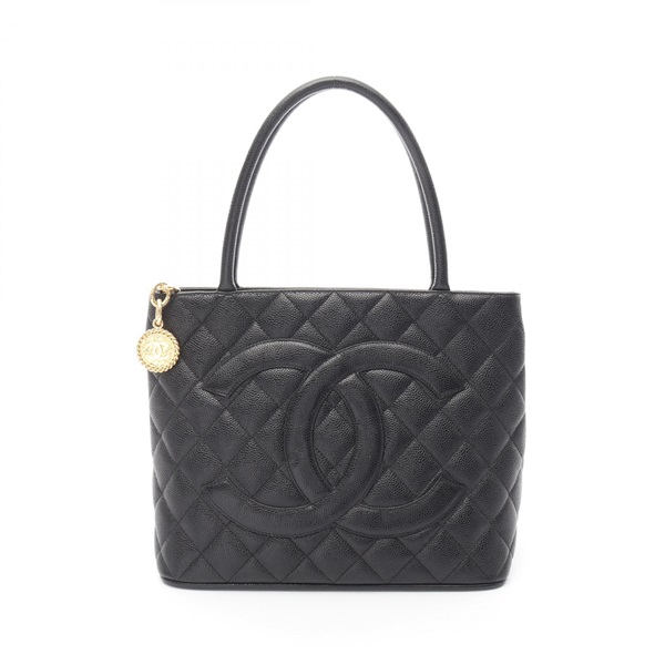 CHANEL Medallion Tote Hand Bag leather Grained calfskin Black Used Women GHW CC