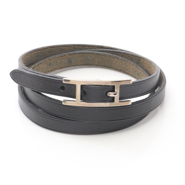HERMES Api 3 Long Bracelet leather Stainless Steel Black Used Women