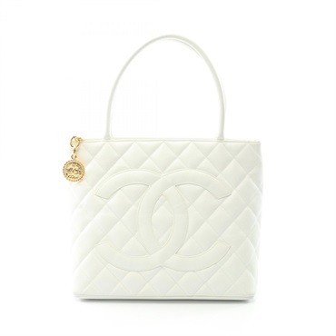 CHANEL Medallion Tote hand Bag Calfskin leather White Used GHW Women