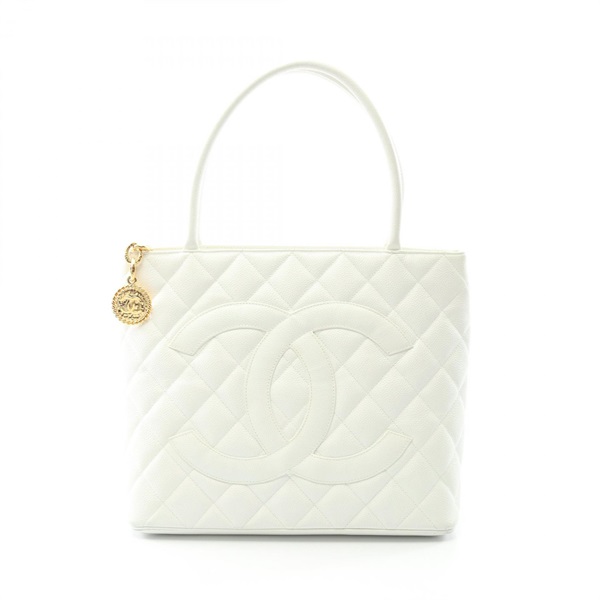 CHANEL Medallion Tote hand Bag Calfskin leather White Used GHW Women