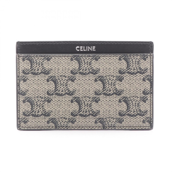 CELINE Triomphe Card Case leather Beige Black Used Women