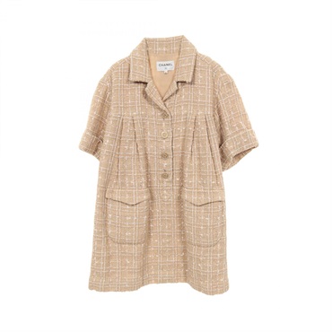 CHANEL COCO Mark button Dress Nylon Beige #40 Used Women