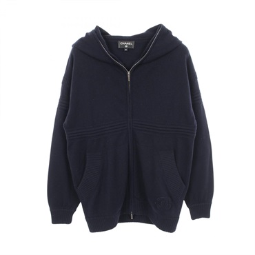 CHANEL COCO Mark knitwear #34 Hoodie zip up sweater cashmere Navy Used Women