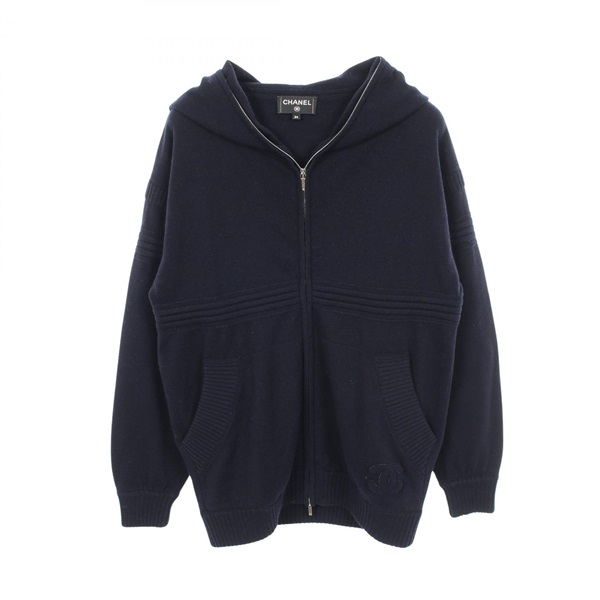 CHANEL COCO Mark knitwear #34 Hoodie zip up sweater cashmere Navy Used Women
