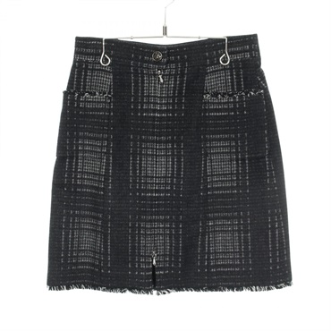 CHANEL COCO Mark button Check Mini Skirt #36 P41814V30475 wool Black Gray Used