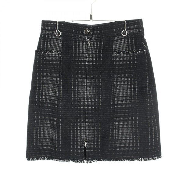 CHANEL COCO Mark button Check Mini Skirt #36 P41814V30475 wool Black Gray Used
