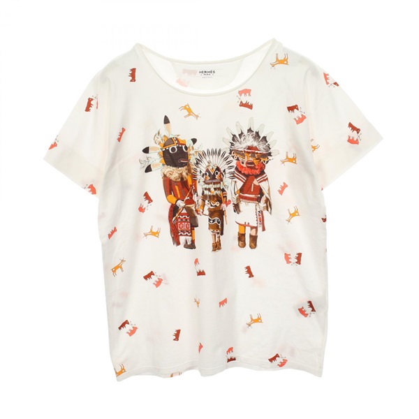 HERMES Kachinas T-shirt Short sleeve Top #40 cotton White Multicolor White Used