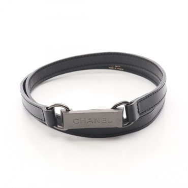 CHANEL Logo plate Belt leather metal Black Used Women SHW CC Coco