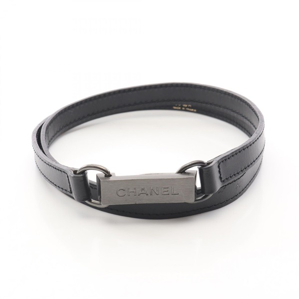 CHANEL Logo plate Belt leather metal Black Used Women SHW CC Coco
