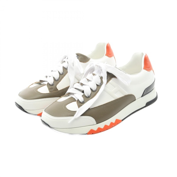 HERMES Trail sneakers shoes #40 191395Z leather White Khaki Orange Used mens