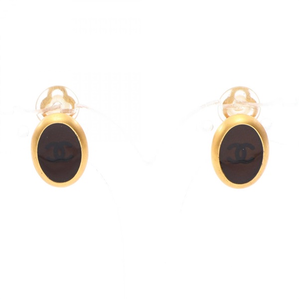 CHANEL COCO Mark Oval clip-on Earrings Gold Plated Black Used Women CC