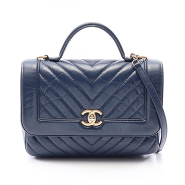 CHANEL Chevron V-stitch Shoulder Hand Bag A57213 leather Navy Used Women GHW CC