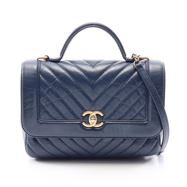 CHANEL Chevron V-stitch Shoulder Hand Bag A57213 leather Navy Used Women GHW CC