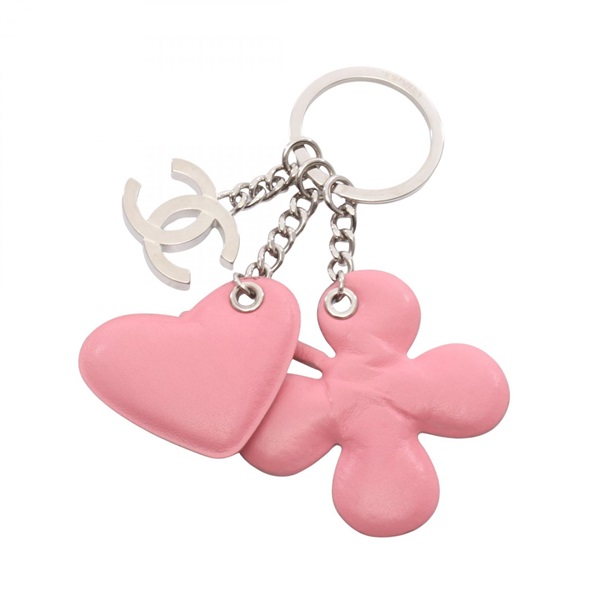 CHANEL COCO Mark Heart Clover Bag charm Lambskin sheep leather Pink Used SHW CC