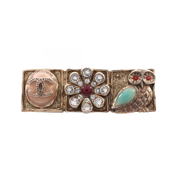 CHANEL 18C COCO Mark Flower Owl Plate Brooch Gold Plated Rhinestone Used Women