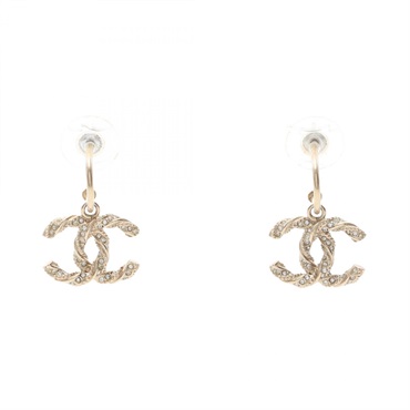 CHANEL COCO Mark Pierced earrings Gold Plated Rhinestone Used CC Logo