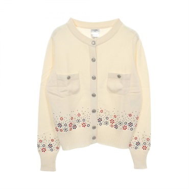 CHANEL COCO Mark studs Cardigan Sweater #40 P43016K04343 cashmere White Used CC