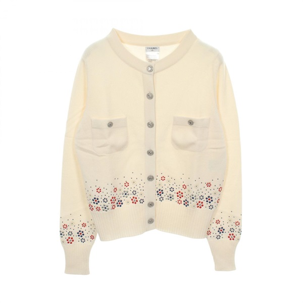 CHANEL COCO Mark studs Cardigan Sweater #40 P43016K04343 cashmere White Used CC