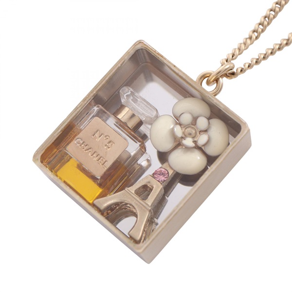 CHANEL No5 Camellia Square Necklace Pendant Gold Plated Used Women Coco CC