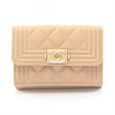 CHANEL Boy Chanel Tri-fold Wallet Purse A84432 Calf leather Beige GHW Used CC