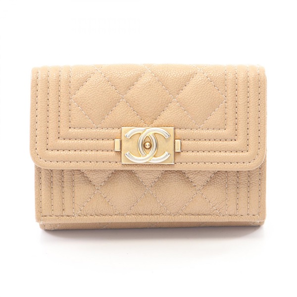 CHANEL Boy Chanel Tri-fold Wallet Purse A84432 Calf leather Beige GHW Used CC