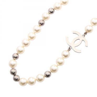 CHANEL COCO Mark Long Necklace Artificial pearl Metal White Silver Used Women CC