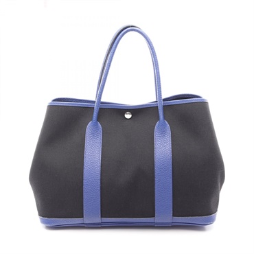 HERMES Garden Party PM Tote Handbag canvas leather Black Blue electric SHW C