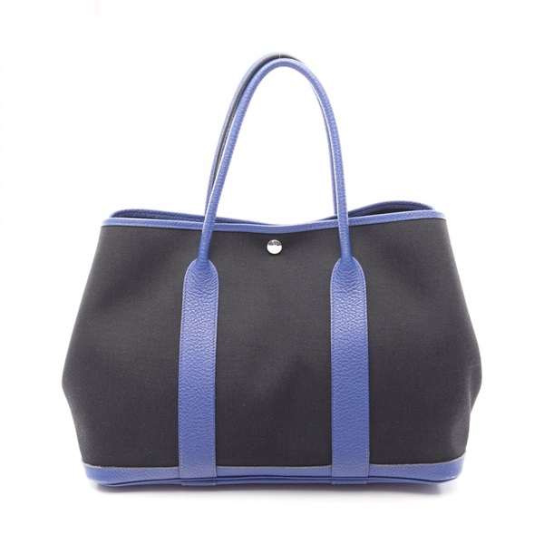 HERMES Garden Party PM Tote Handbag canvas leather Black Blue electric SHW C