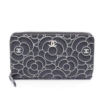 CHANEL Camelia Zip Around Long Wallet Purse leather Black White Used Women CC