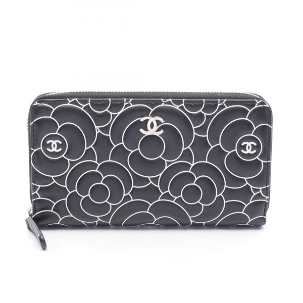 CHANEL Camelia Zip Around Long Wallet Purse leather Black White Used Women CC