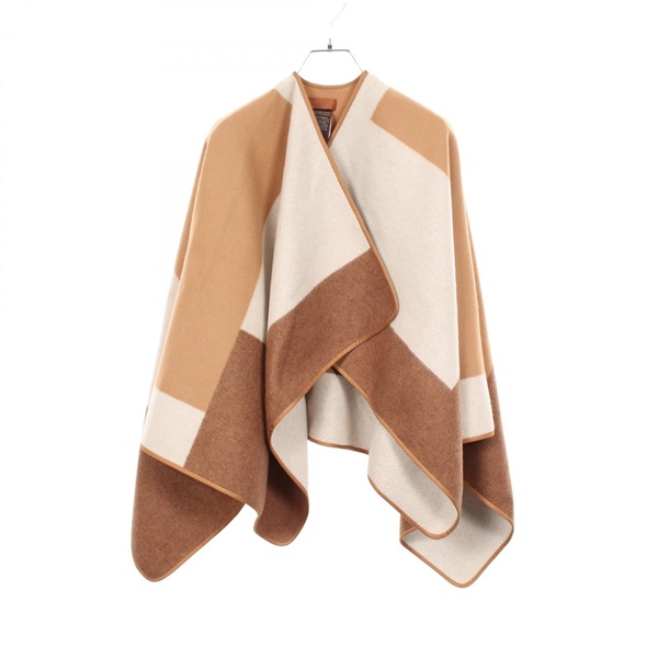 HERMES H Passant Cape poncho Coat Shawl cashmere Beige Brown Used Women