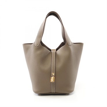 HERMES Picotin Lock MM Hand bag K Taurillon Clemence Etoupe Grey Used GHW