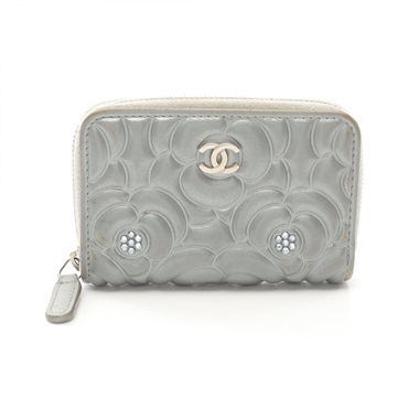 CHANEL Camelia coin purse zip wallet A82551 Lambskin leather Gray silver Used