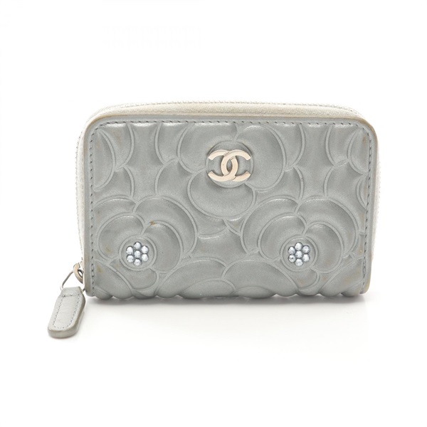 CHANEL Camelia coin purse zip wallet A82551 Lambskin leather Gray silver Used