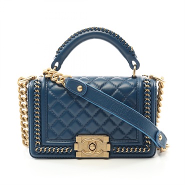 CHANEL Boy Chanel Top Handle Flap chain Shoulder Bag A94805 leather Blue Used