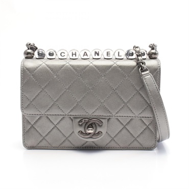 CHANEL mini Matelasse chain Shoulder crossbody Bag leather Silver gray Used