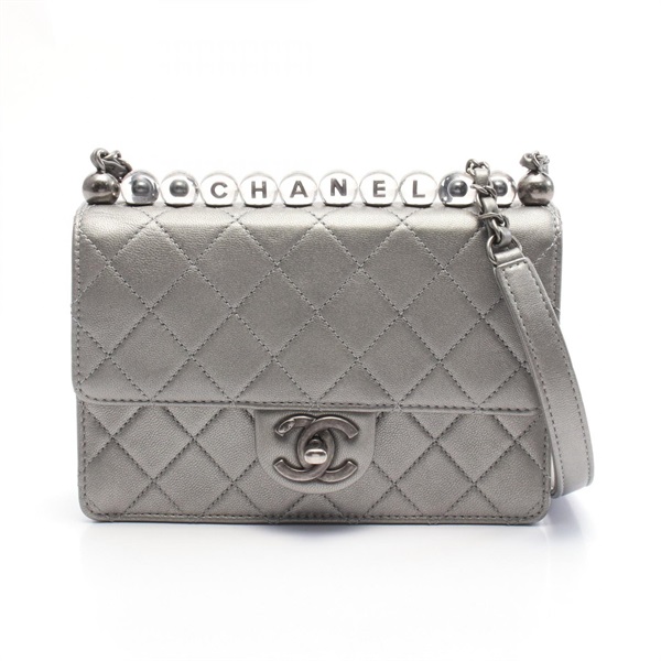 CHANEL mini Matelasse chain Shoulder crossbody Bag leather Silver gray Used