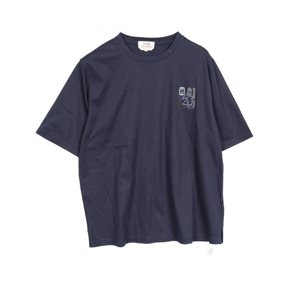 HERMES Mini Patch H Puzzle T-shirt #L cotton Navy Used mens