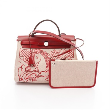 HERMES Herbag Zip PM Shoulder Handbag Y Hunter leather Toile H Beige Red