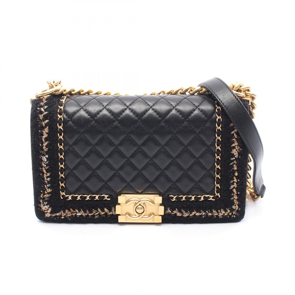 CHANEL Boy Large Matelasse Chain Shoulder Bag A92193 Lambskin Fabric Black GHW