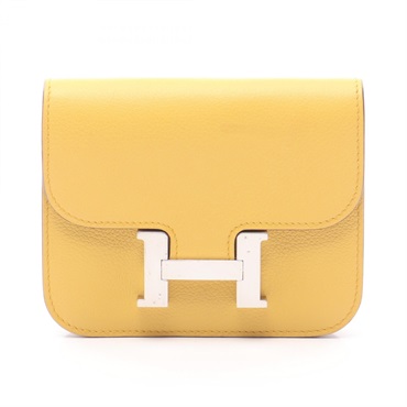 HERMES Constance Slim Bi-fold wallet Evercolor leather Yellow Blue Sun Used SHW