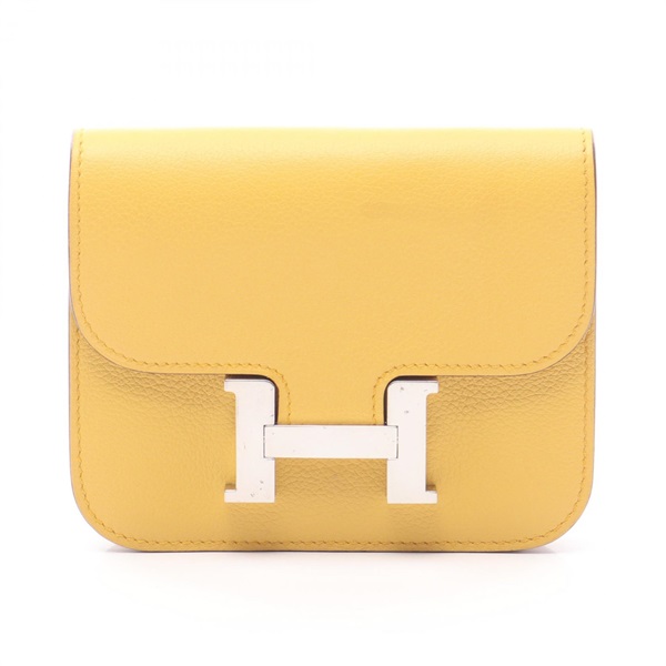 HERMES Constance Slim Bi-fold wallet Evercolor leather Yellow Blue Sun Used SHW