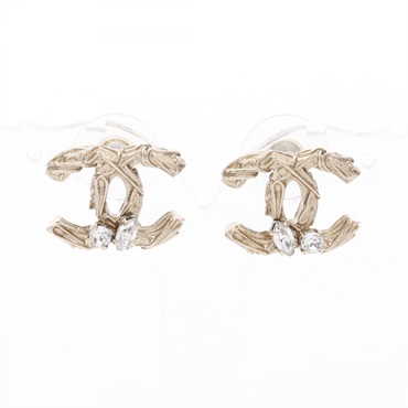 CHANEL CC Logo Pierced Earrings Gold Plated Rhinestone 15mm x 18mm Used Women