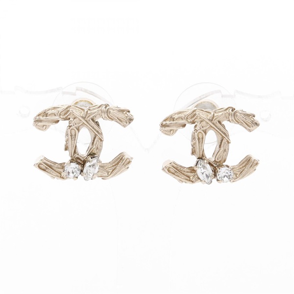 CHANEL CC Logo Pierced Earrings Gold Plated Rhinestone 15mm x 18mm Used Women