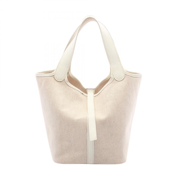 HERMES Picotin MM Handbag Clemence leather Toile H canvas White Ecru Used H SHW