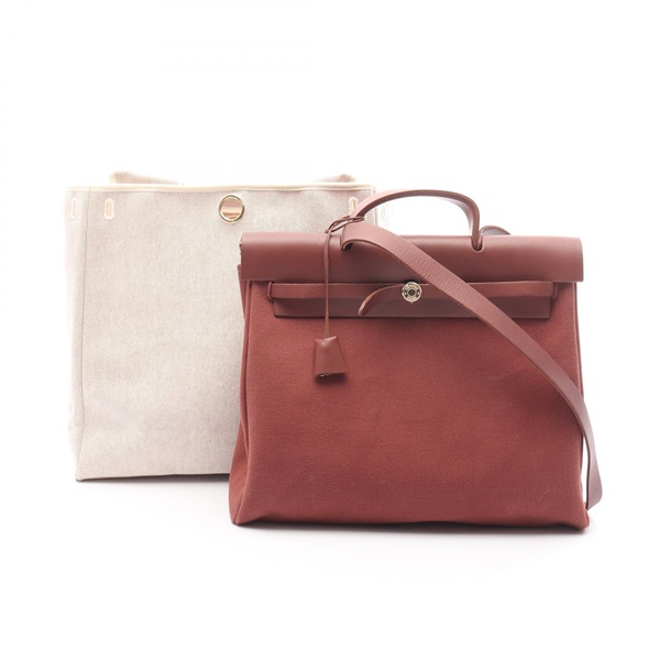 HERMES Herbag MM Shoulder Handbag Hunter leather Toile H Brown Used Women E GHW