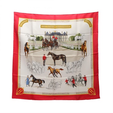 HERMES Carre90 LES HARAS NATIONAUX Scarf silk White Red Multicolor Used Women