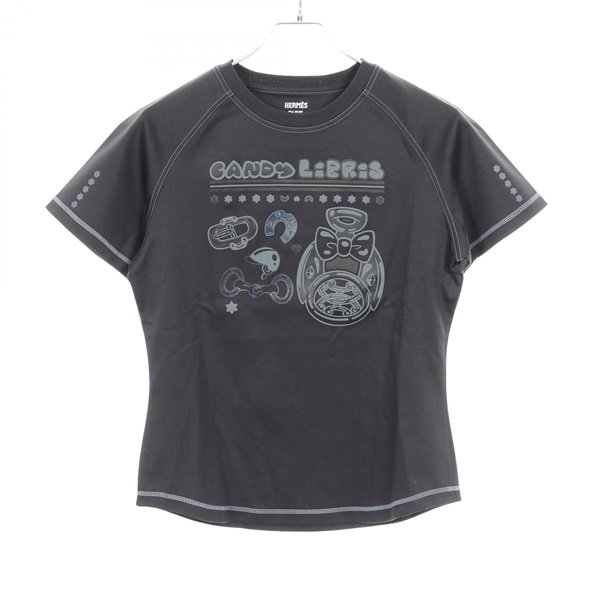 HERMES Candy Libris T-shirt Tops 5H4630DC cotton Black Used Women size #36