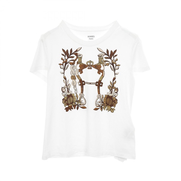 HERMES Cartouche della Cavalleria T-shirt Tops cotton White Brown Women #34